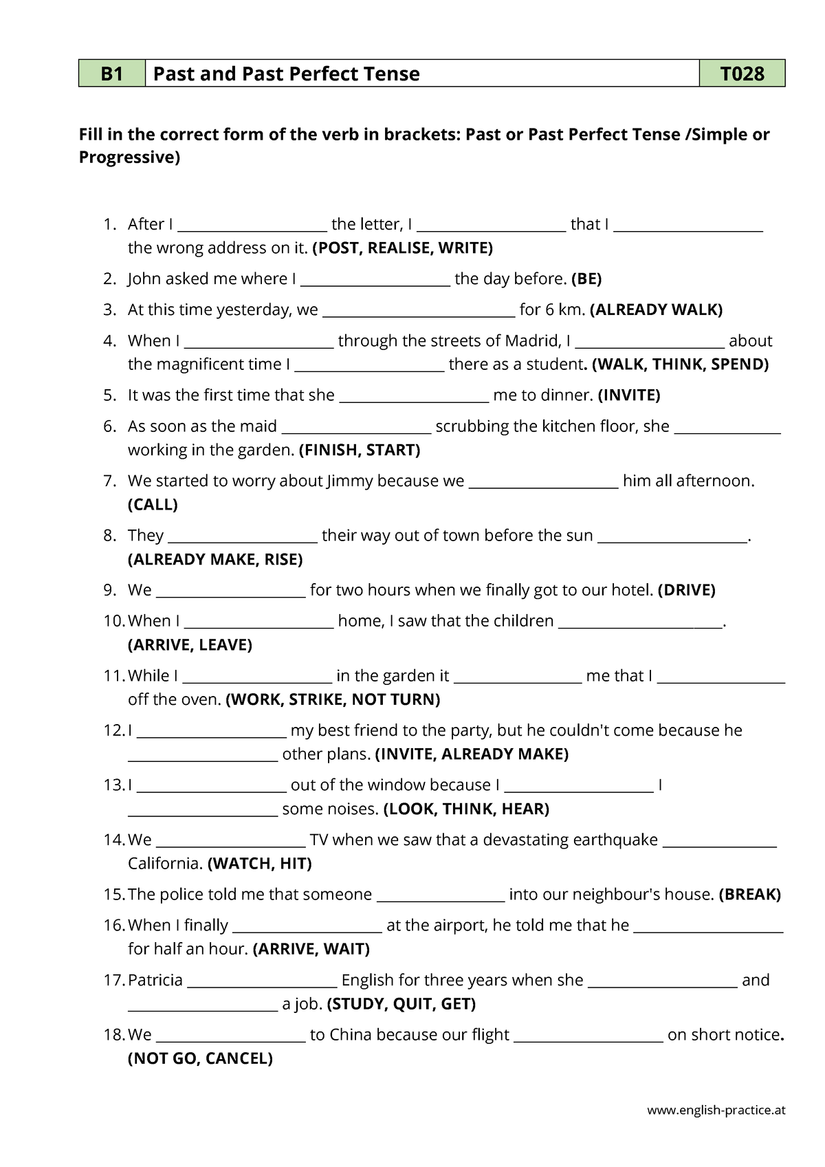 T 028 Past Past Perfect Tense - English-practice B1 Past And Past ...