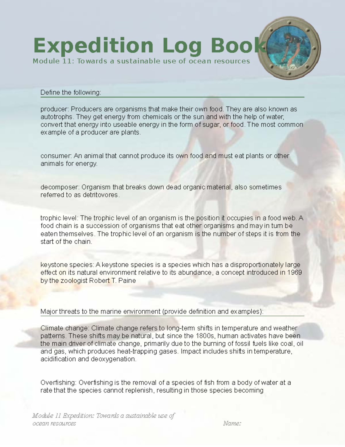 Log Book 11 Logbook Module 11 Towards a sustainable use of ocean