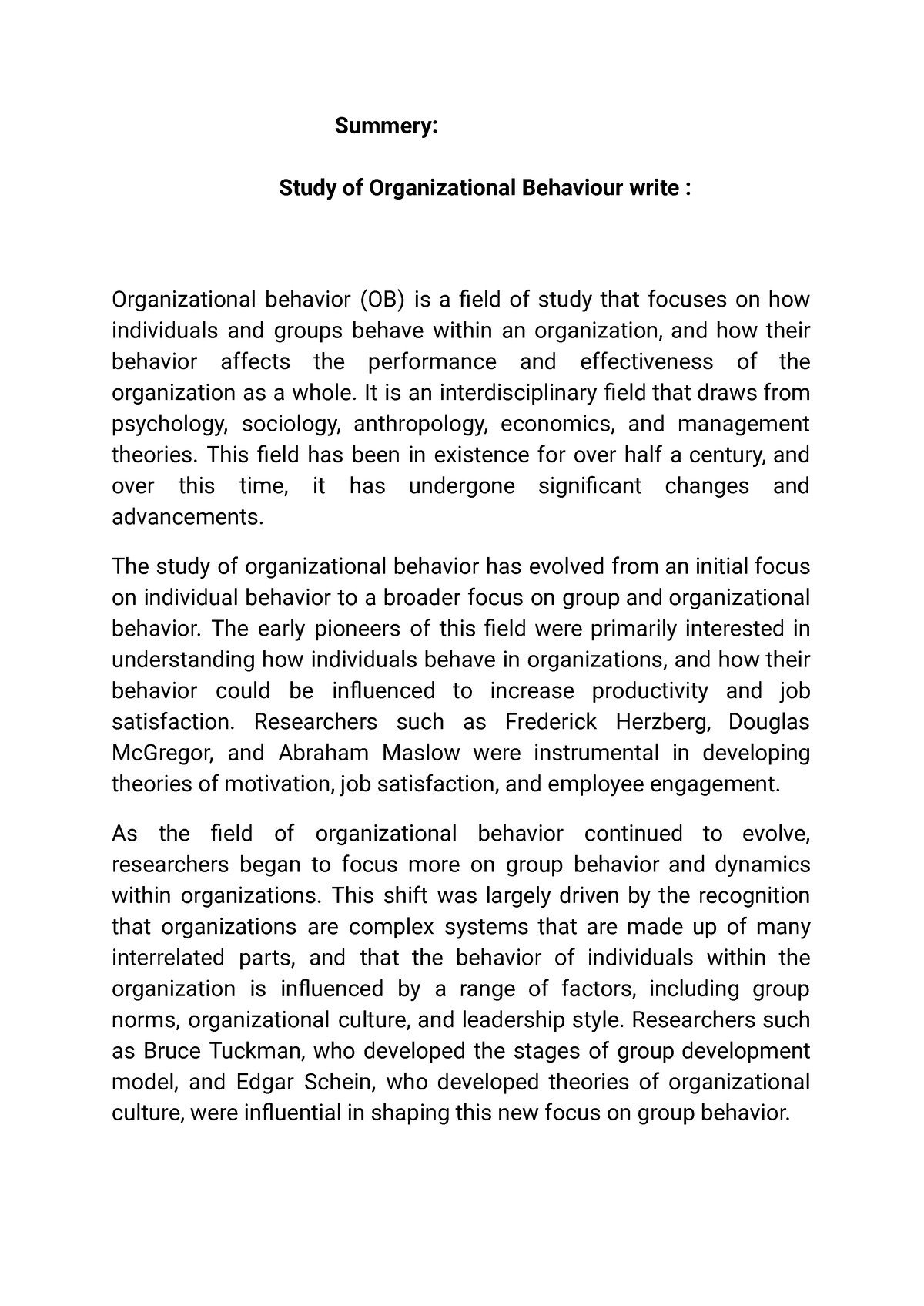 Study Of Organizational Behaviour Write - Summery: Study Of ...