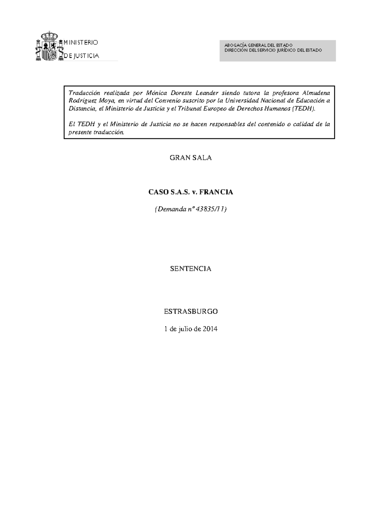 CASE OF S.A.S. v. France [Spanish Translation] by the Spanish