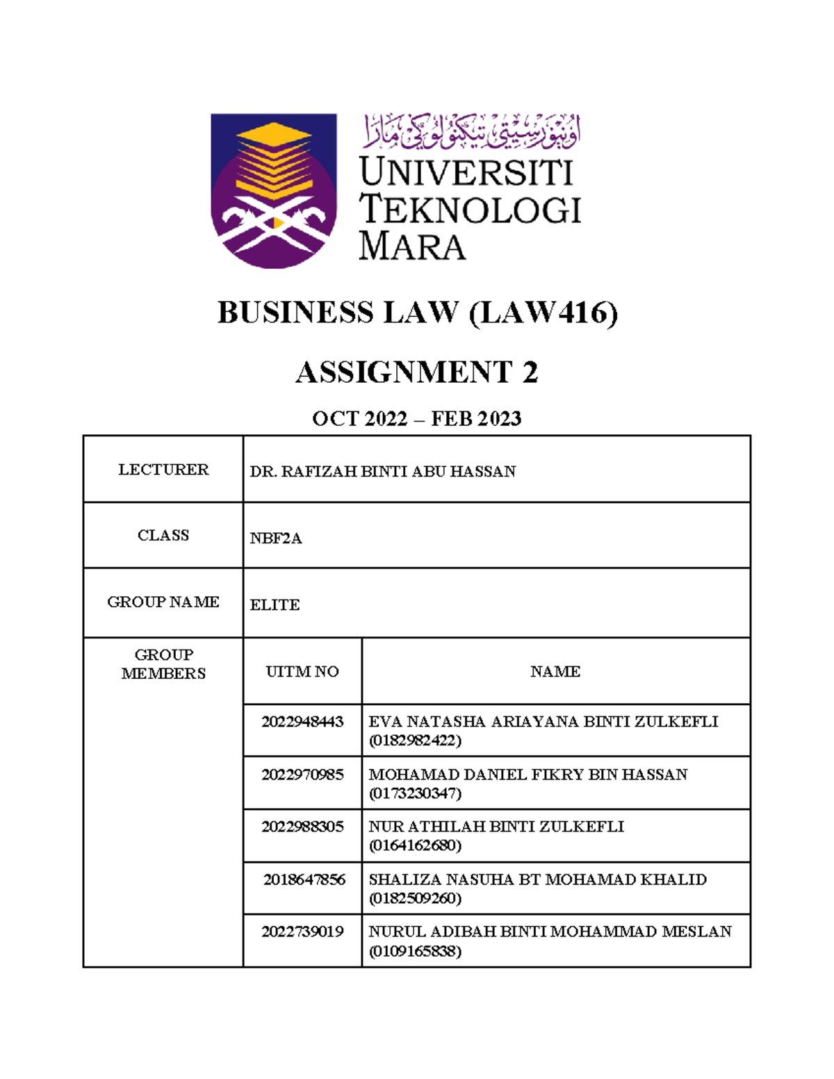 Elite NBF2A Agency - BUSINESS LAW (LAW416) ASSIGNMENT 2 OCT 2022 – FEB ...