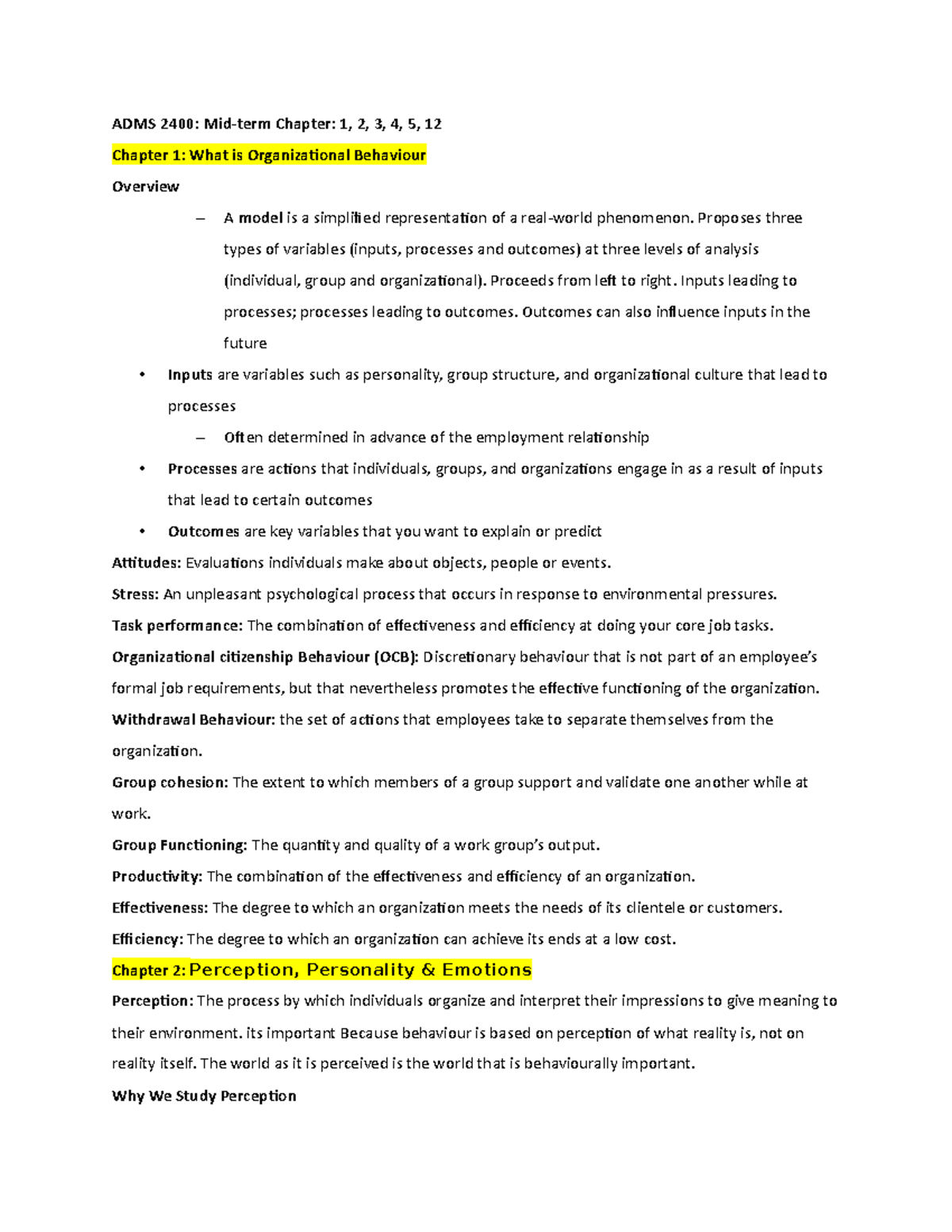 ADMS 2400 fe - ADMS 2400: Mid-term Chapter: 1, 2, 3, 4, 5, 12 Chapter 1 ...