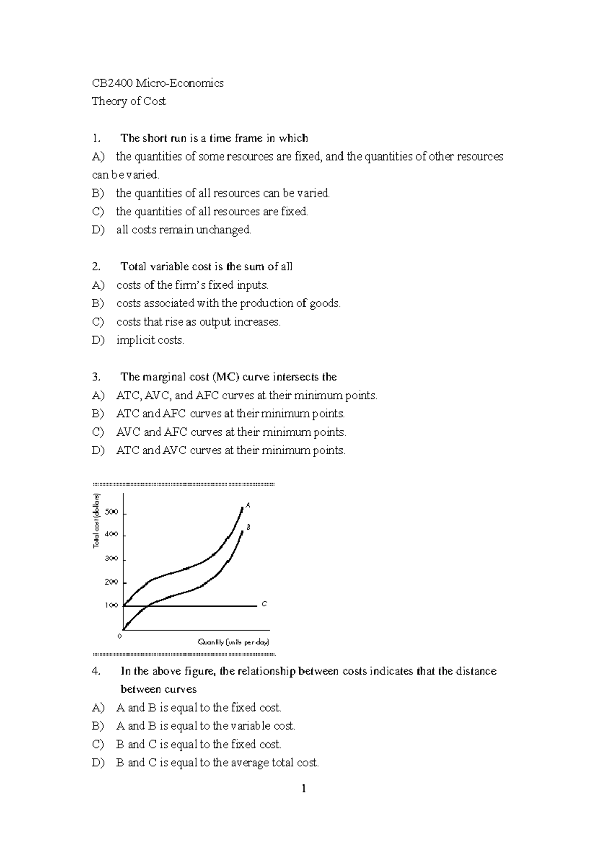 6 - CB2400 Theory Of Cost exercises - CB2400 Micro-Economics Theory of ...