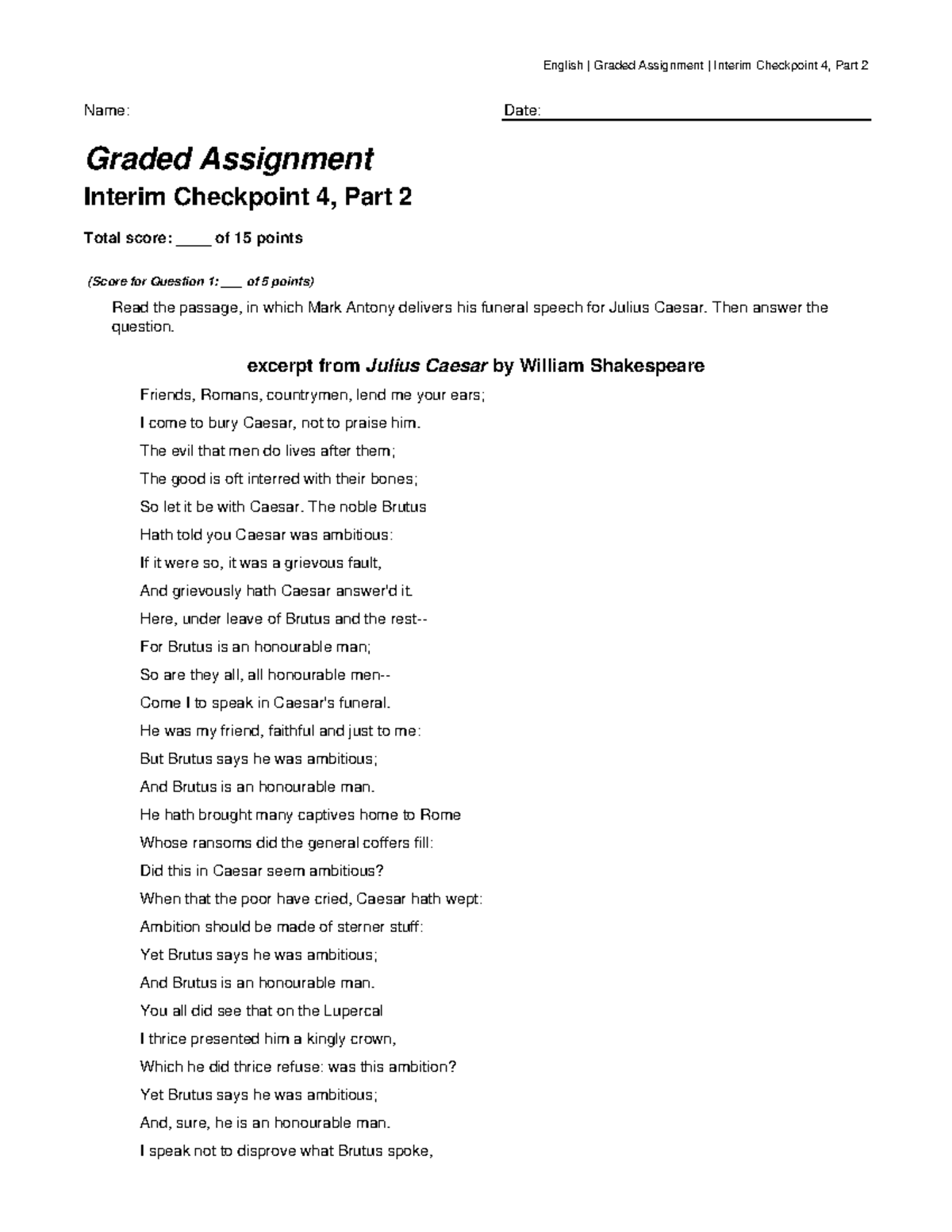 Shakespeare - Name: Date: Graded Assignment Interim Checkpoint 4, Part ...