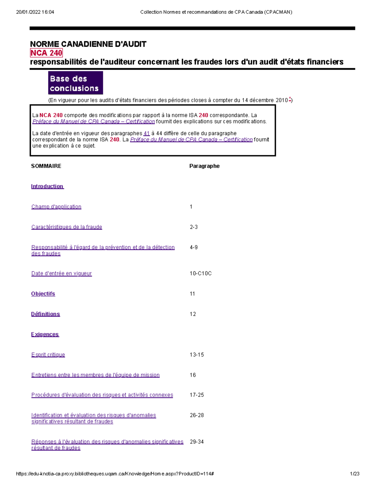 NCA 240 Collection Normes et recommandations de CPA Canada ( Cpacman ...