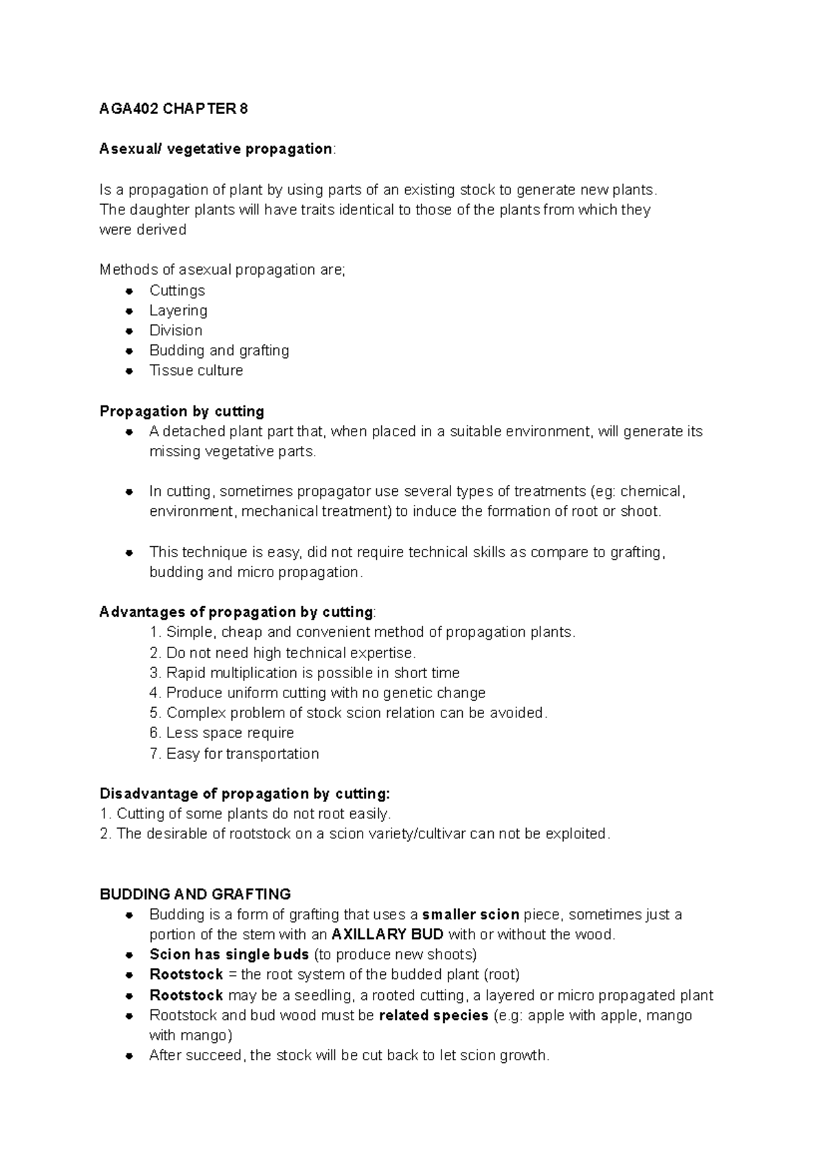 Asexual vegetative propagation - AGA402 CHAPTER 8 Asexual/ vegetative ...