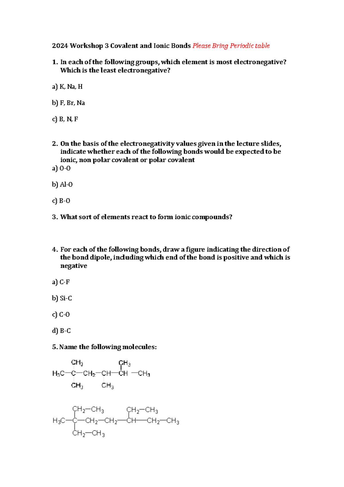 2024 3 QuestionsChemical Bonding 2024 3 Covalent