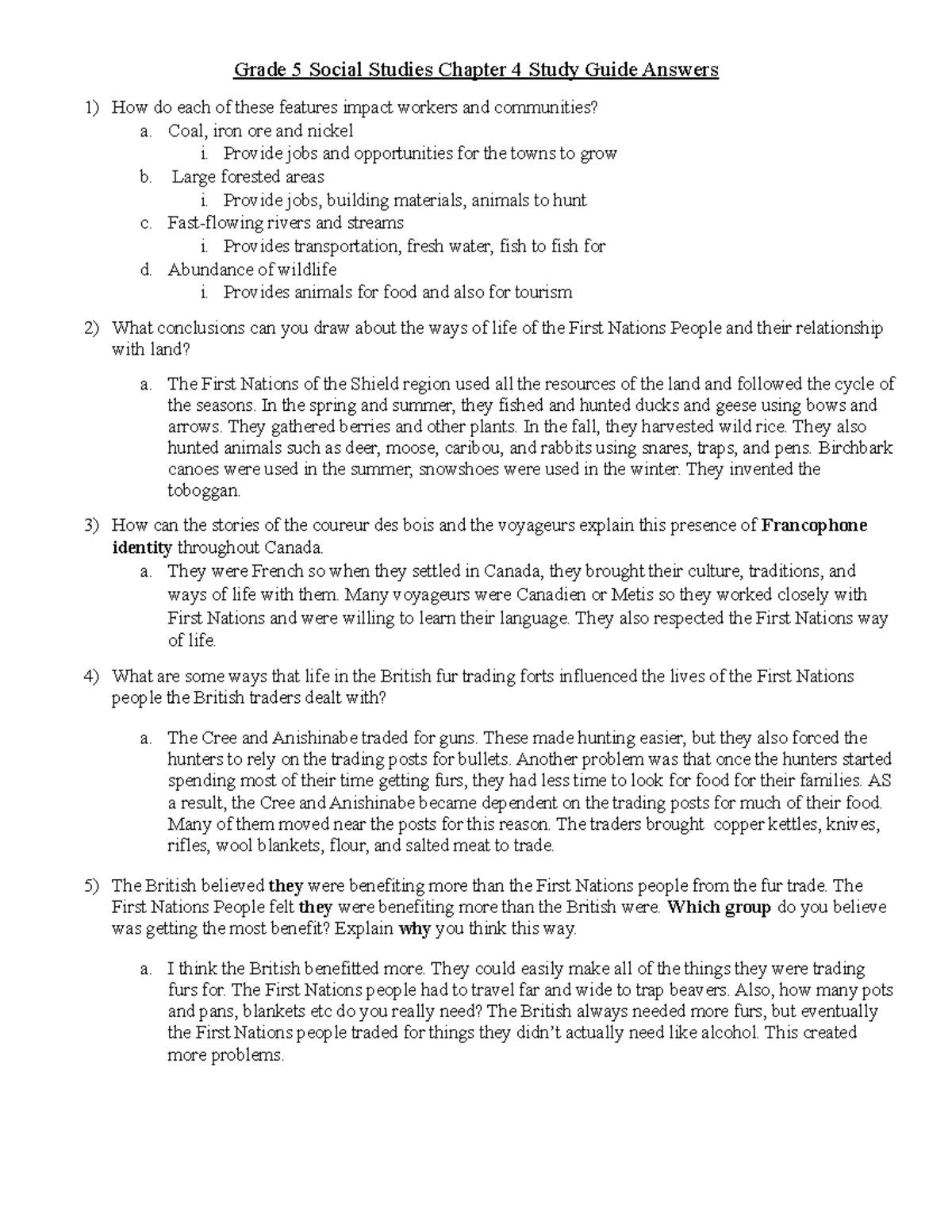 Chapter 4 Study Guide Answers - Grade 5 Social Studies Chapter 4 Study ...