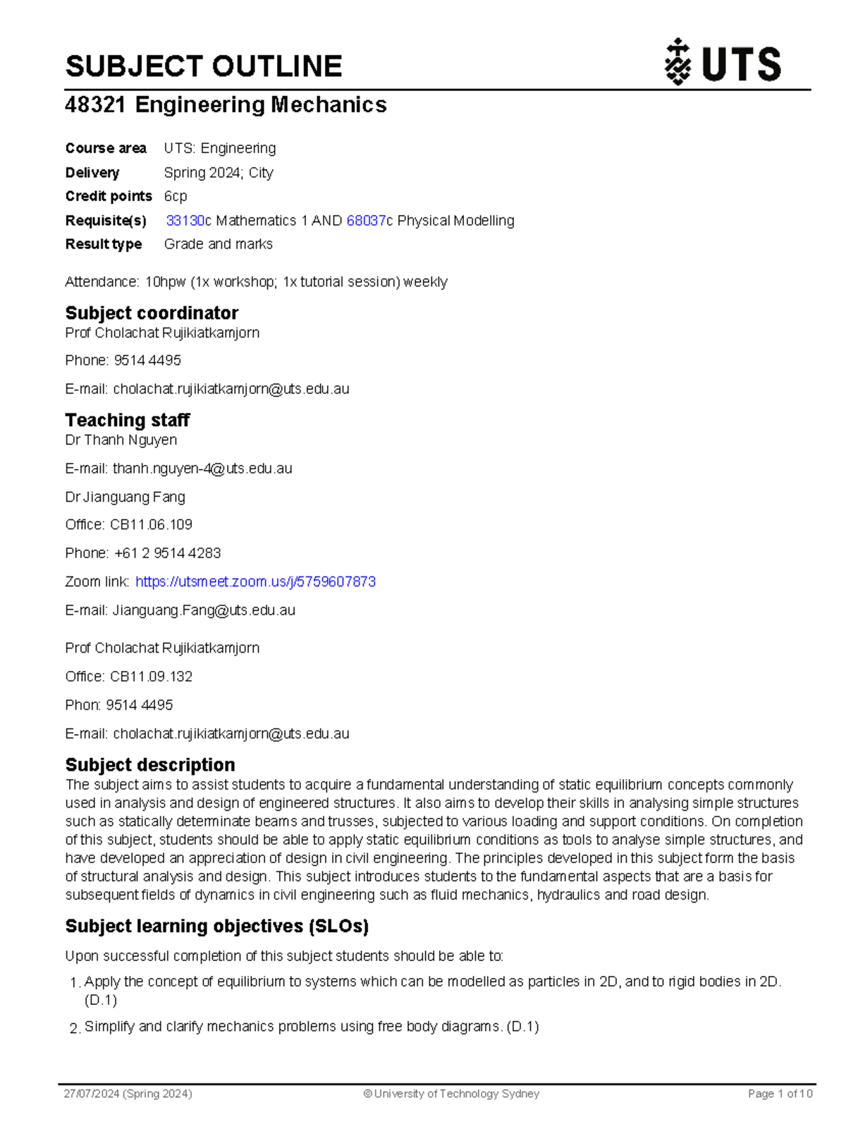 PDFs - subjects outline - SUBJECT OUTLINE 48321 Engineering Mechanics ...