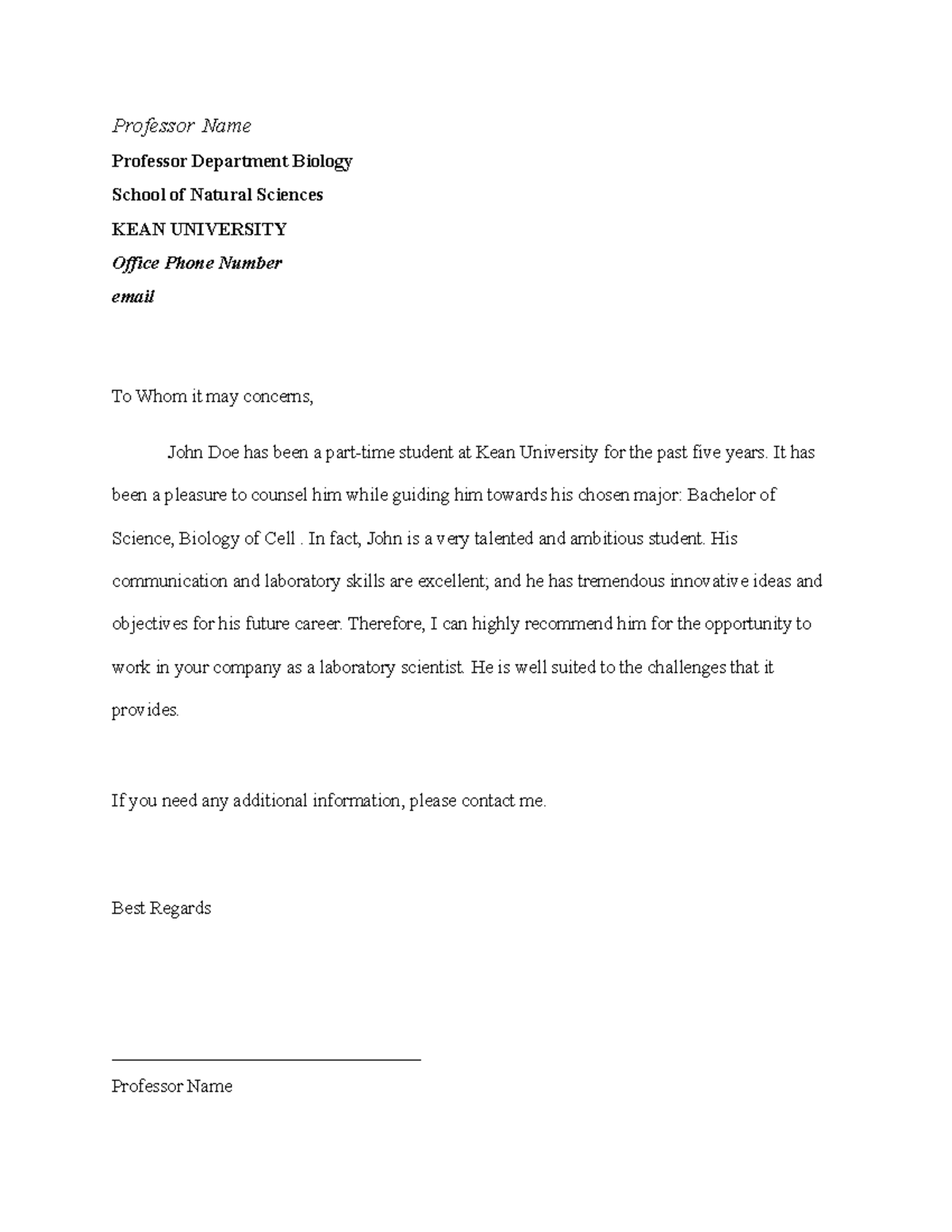 Reference letter - Medical Professional Preparations. - Professor Name ...