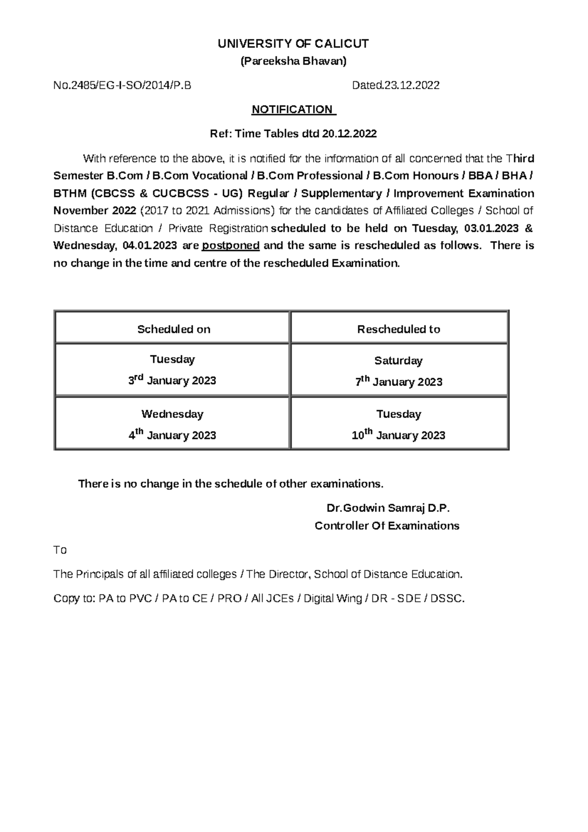 Third Semester BCOM-BBA Exam Nov 2022 - Postponed - UNIVERSITY OF ...