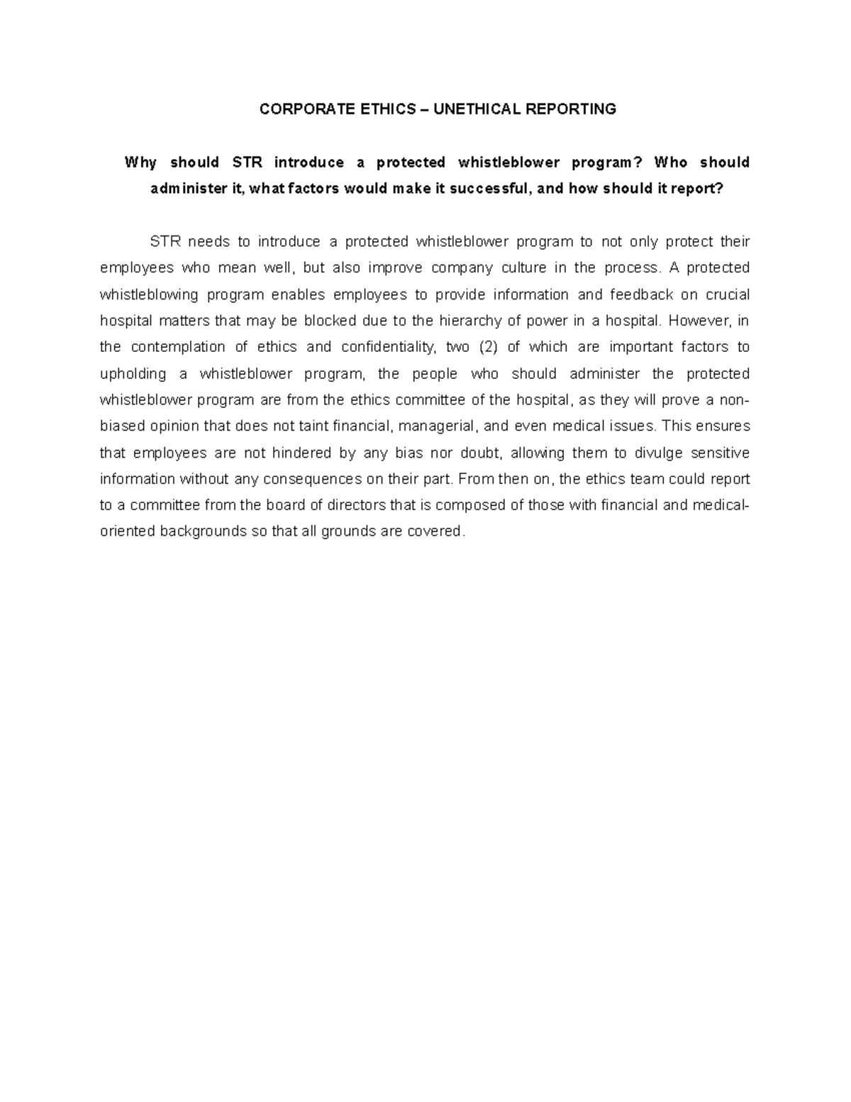 Corporate Ethics – Unethical Reporting - CORPORATE ETHICS – UNETHICAL ...