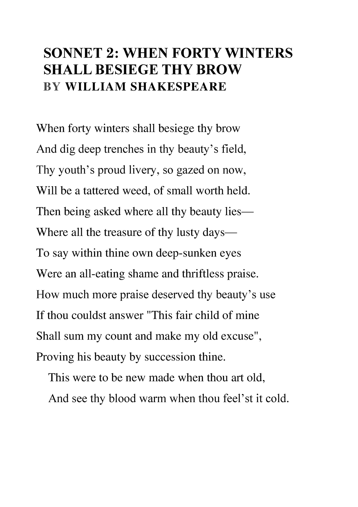 Sonnet BY William Shakesphere - Sonnets 2 - SONNET 2 : WHEN FORTY ...