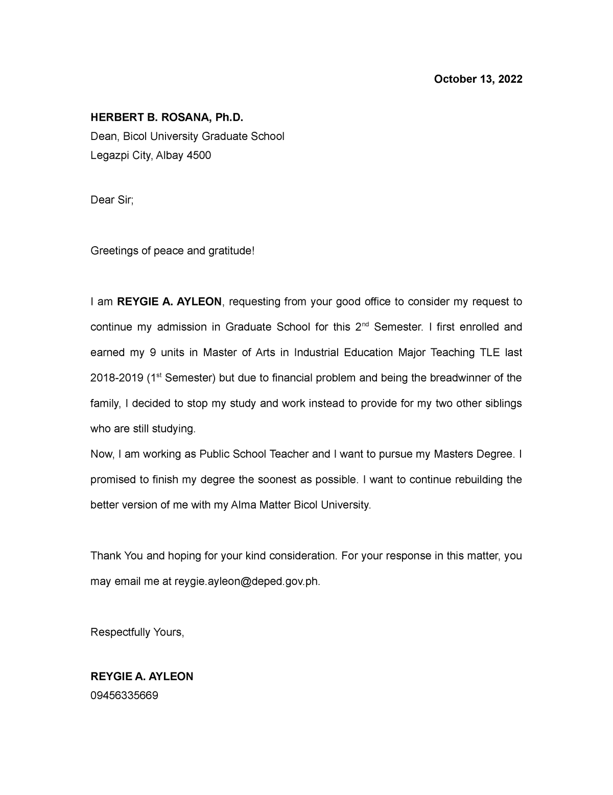 Letter of Consideration - October 13, 2022 HERBERT B. ROSANA, Ph. Dean ...