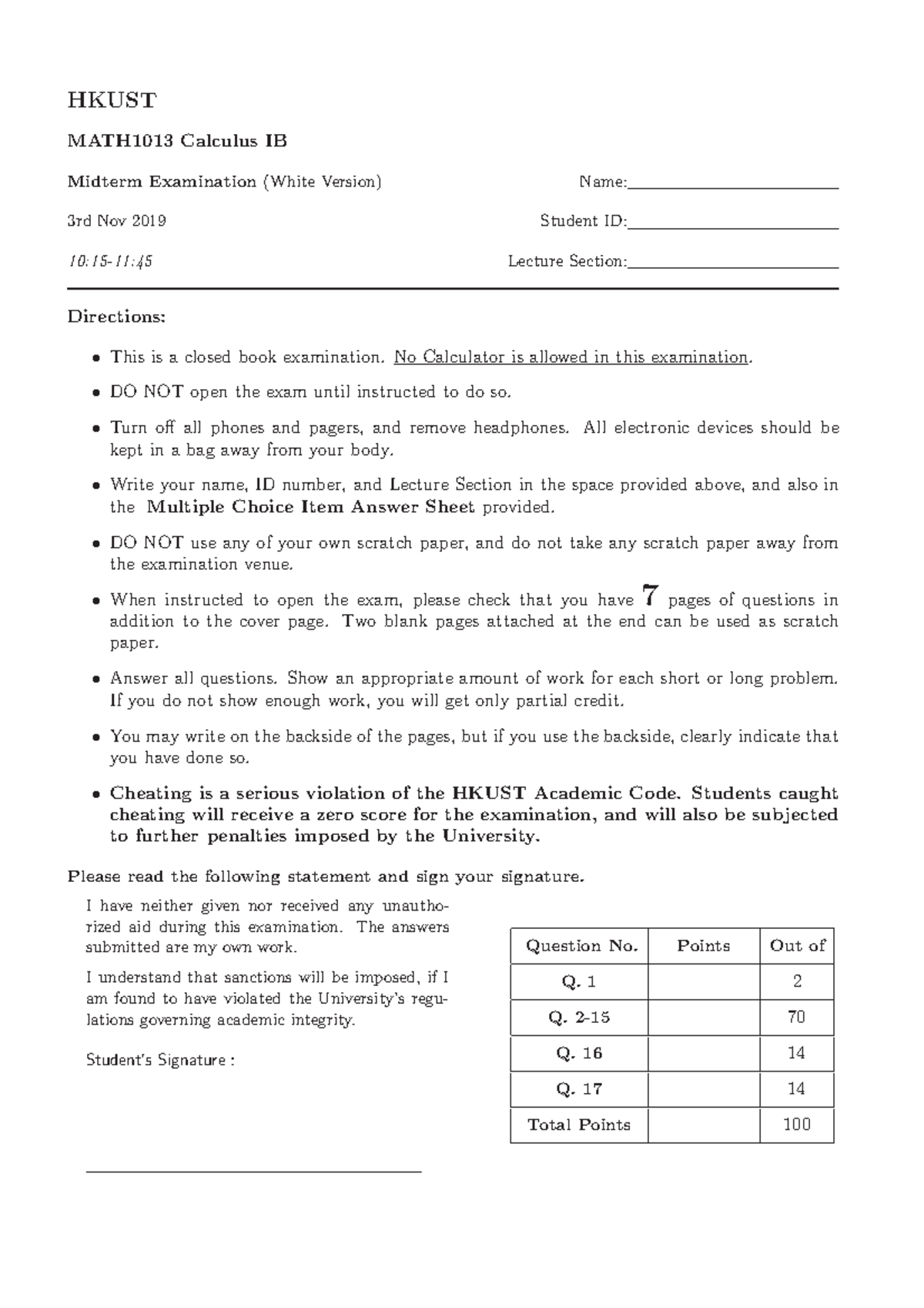 Midterm-2019 - Midterm-2019 - HKUST MATH1013 Calculus IB Midterm ...