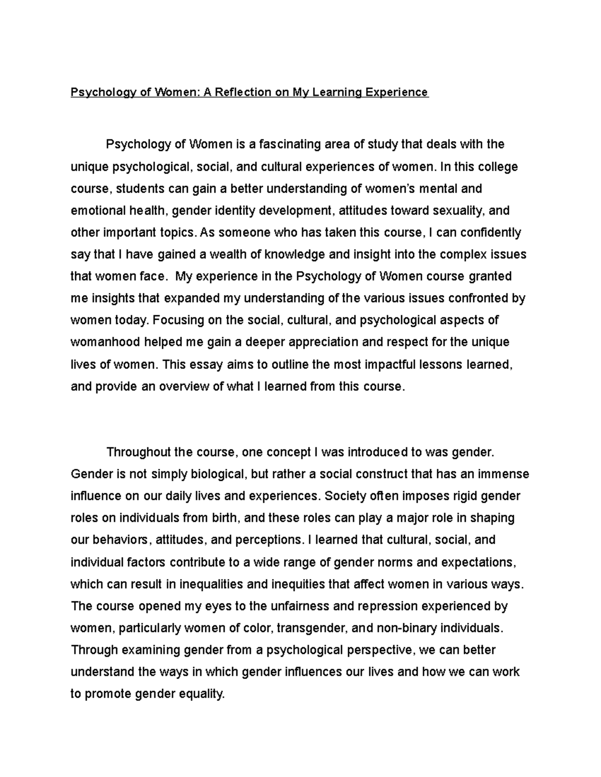 Psych of Women-What did I learn in the Course 2 - Psychology of Women ...