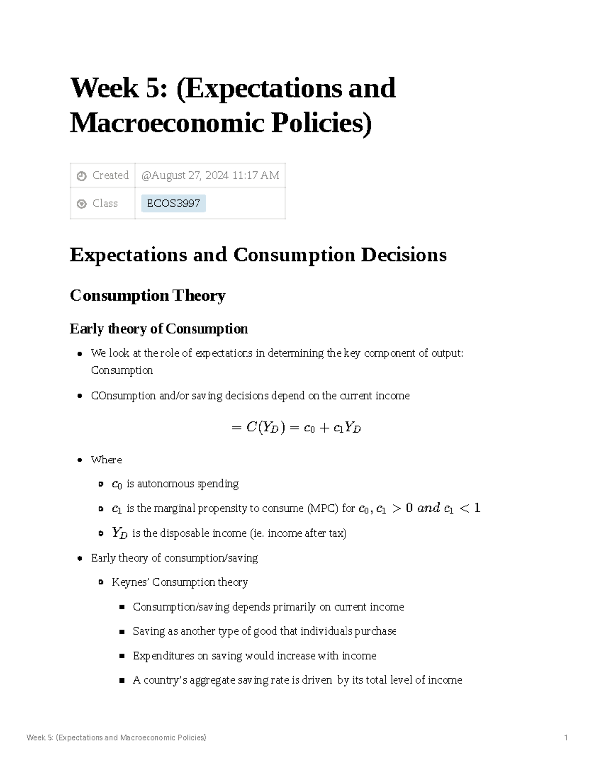Week 5 Lecture Notes - Week 5: (Expectations and Macroeconomic Policies ...