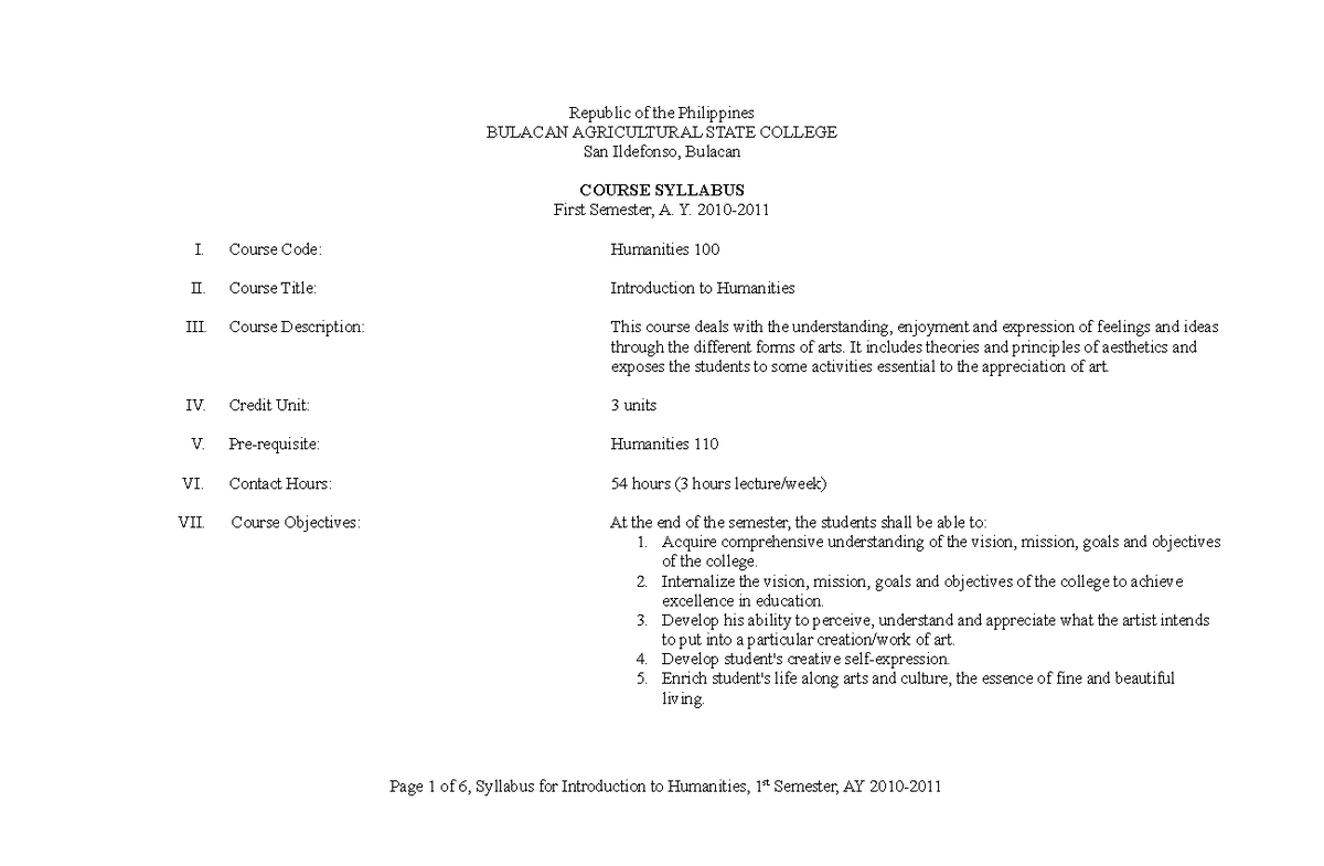 337601540 Course Syllabus Humanities - Republic of the Philippines ...