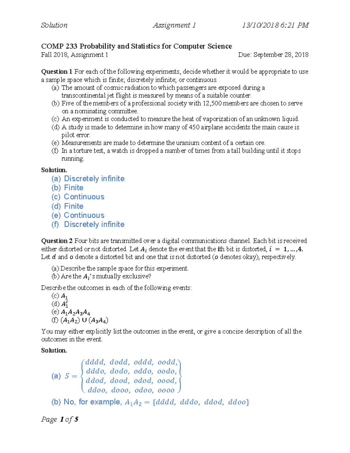 COMP 233 F18 Assignment 1 Solution - Solution Assignment 1 COMP 233 ...