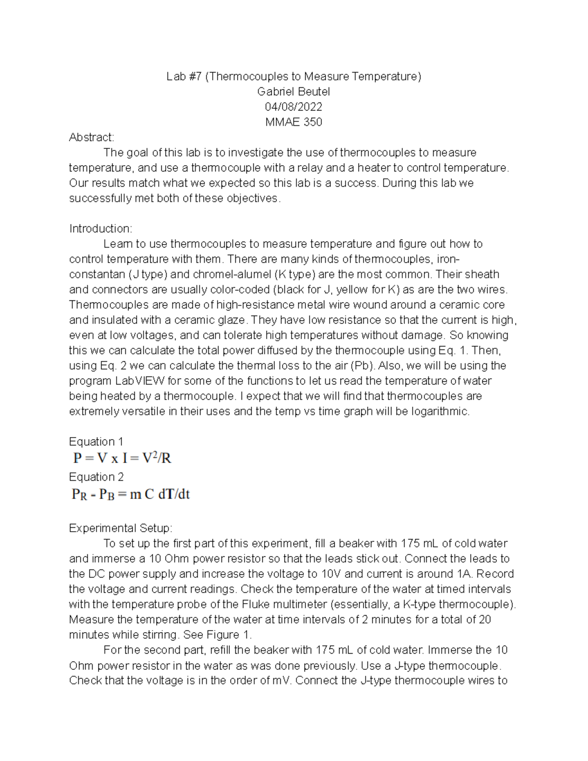 MMAE 319 lab report lab7 Lab 7 (Thermocouples to Measure Temperature