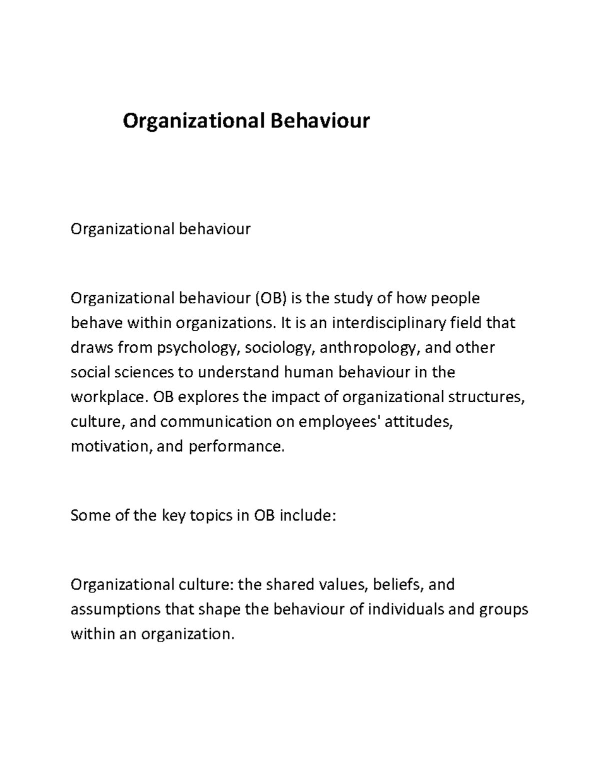 Organisation Behavior - Organizational Behaviour Organizational ...