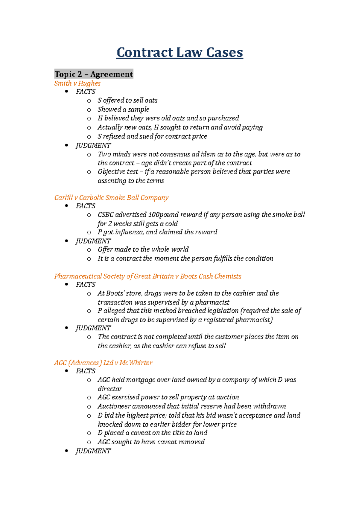 ContractLawCases all weeks Contract Law Cases Topic 2 Agreement