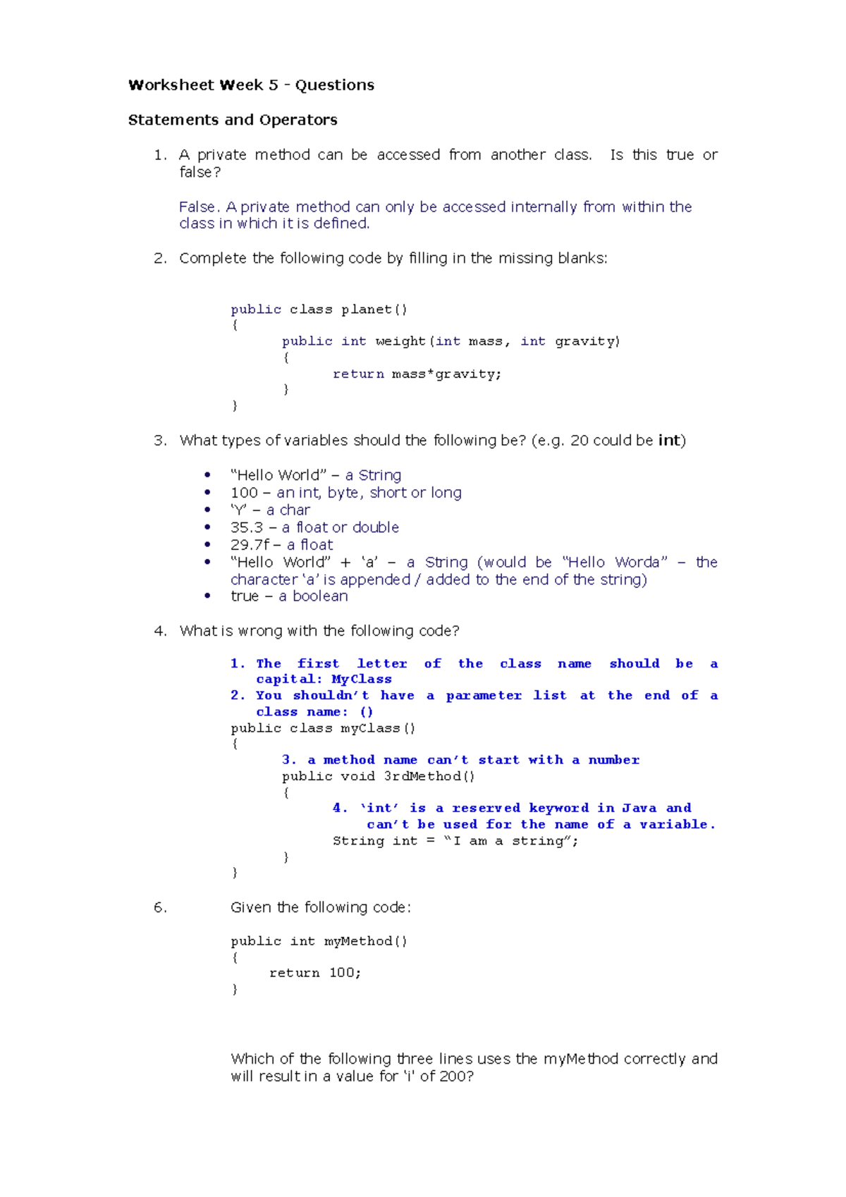 Sample/practice Exam 2015, Questions And Answers - Worksheet Week 5 ...