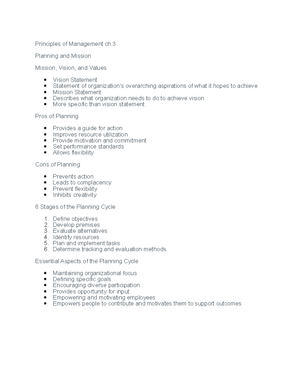 Management notes ch3 - Principles of Management ch 3 Planning and ...