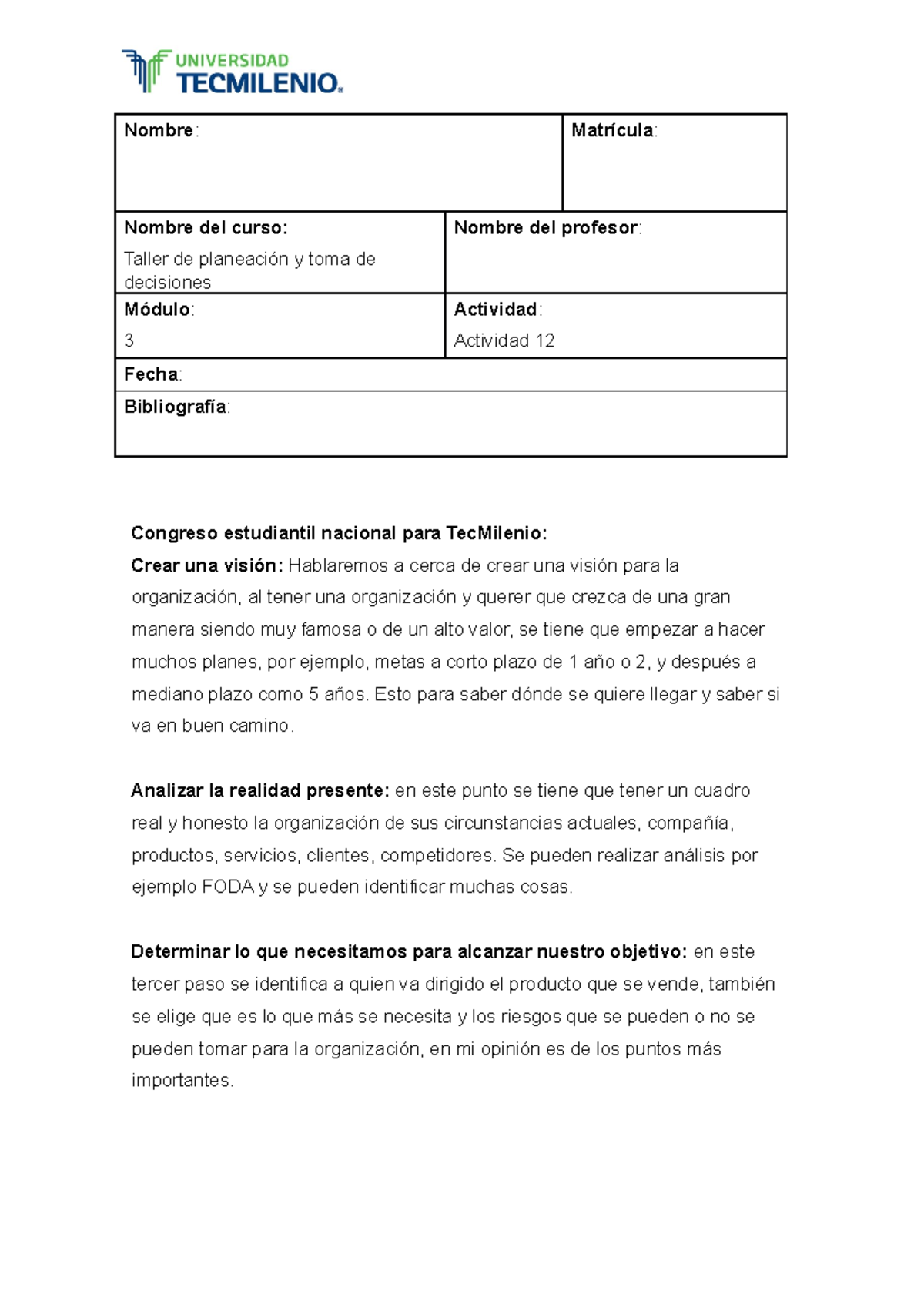 Taller de planeacion y toma de decisiones actividad 12 - Nombre ...