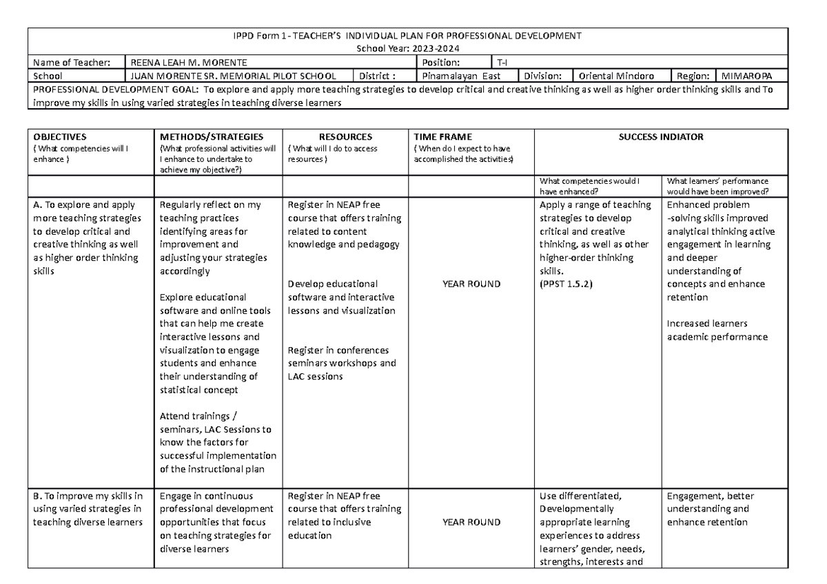 IPPD-Form-1 Reena - IPPD - IPPD Form 1- TEACHER’S INDIVIDUAL PLAN FOR ...