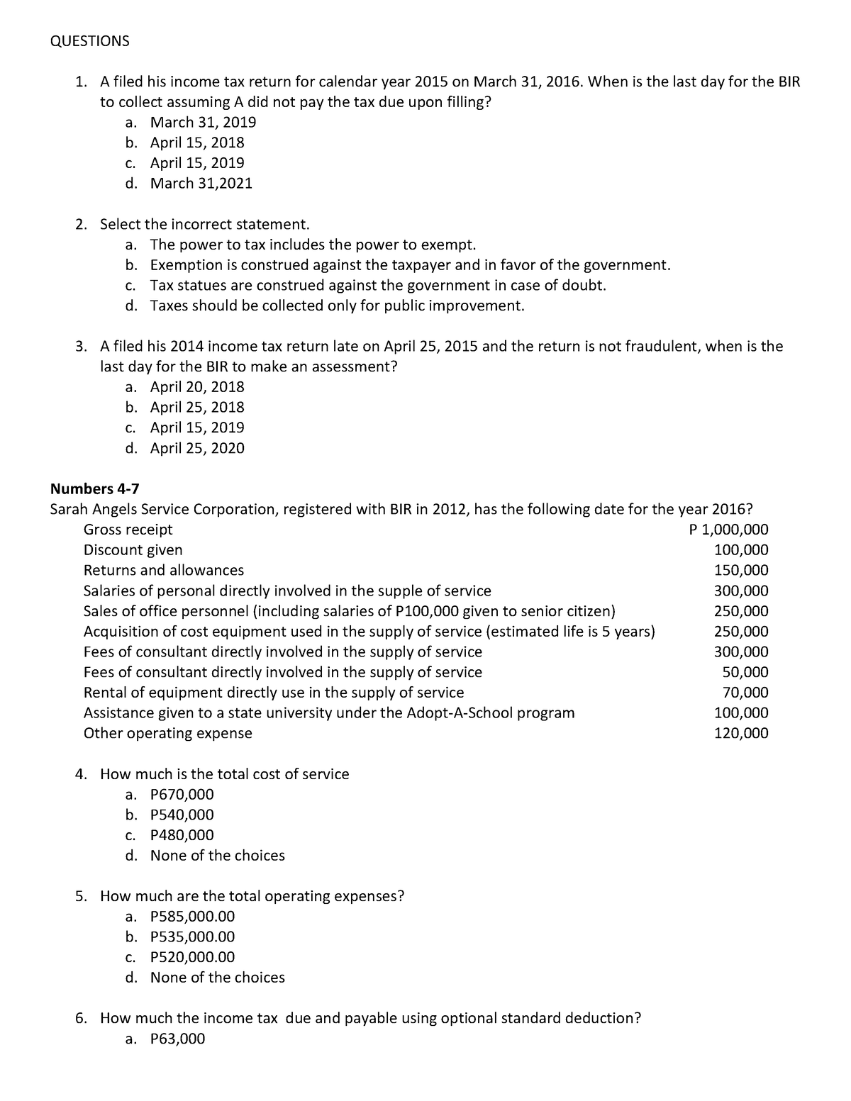 TAX Sample Updated - Tax - A filed his income tax return for calendar year 2015 on March 31