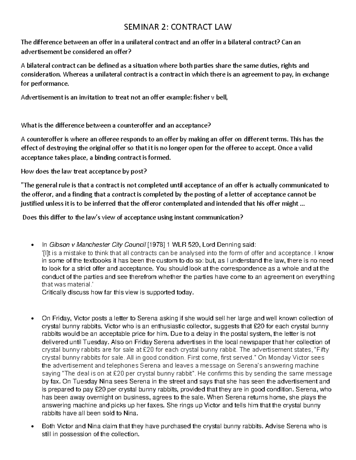 Contract law S2 - Lecture notes 2 - SEMINAR 2: CONTRACT LAW The ...