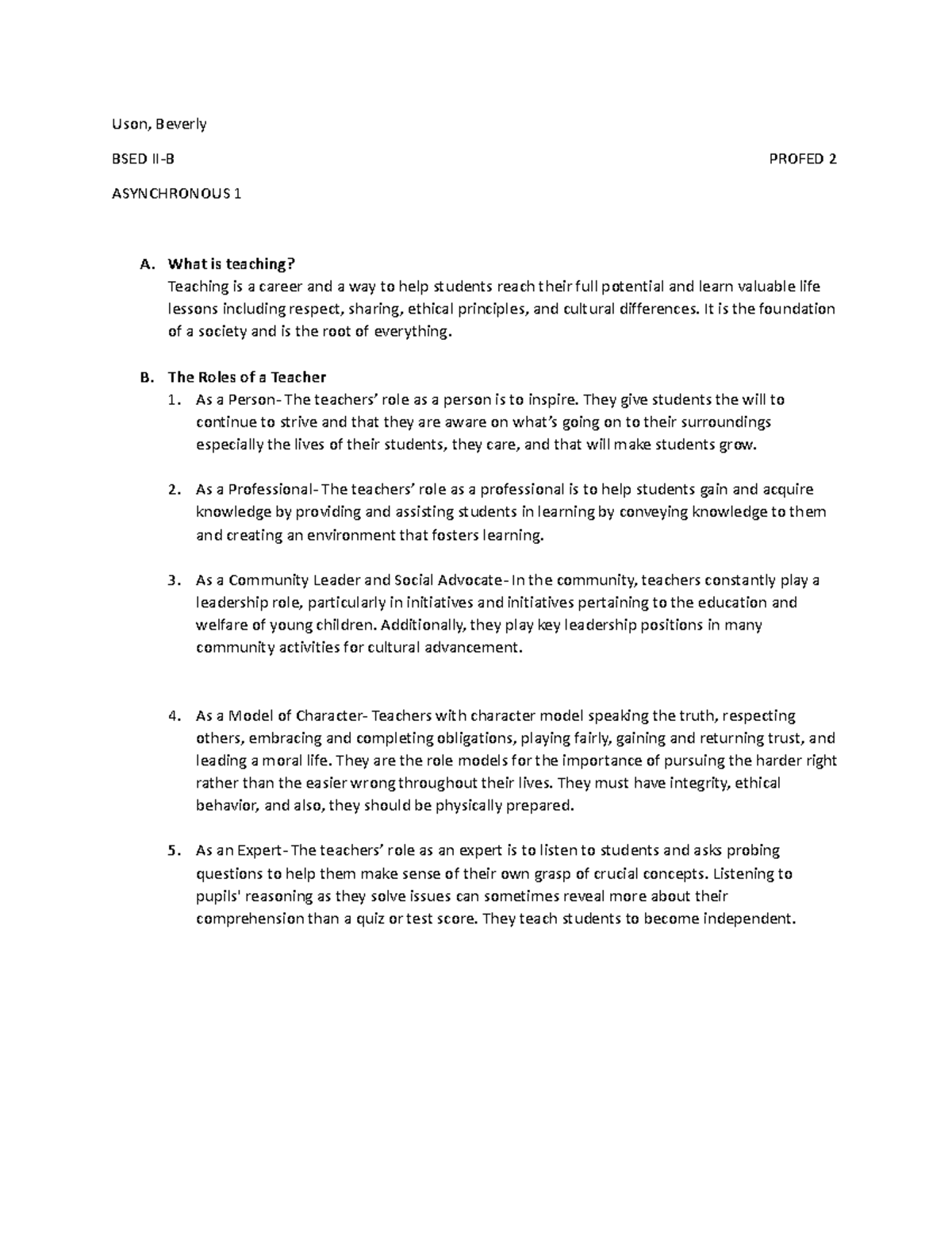 What is teaching - NOTES - Uson, Beverly BSED II-B PROFED 2 ...