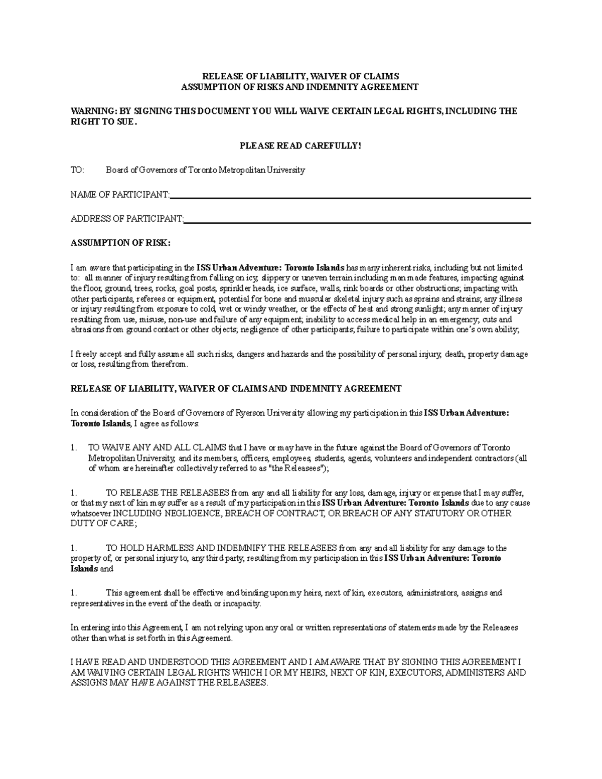 ISS Urban Adventure Liability Form - RELEASE OF LIABILITY, WAIVER OF ...