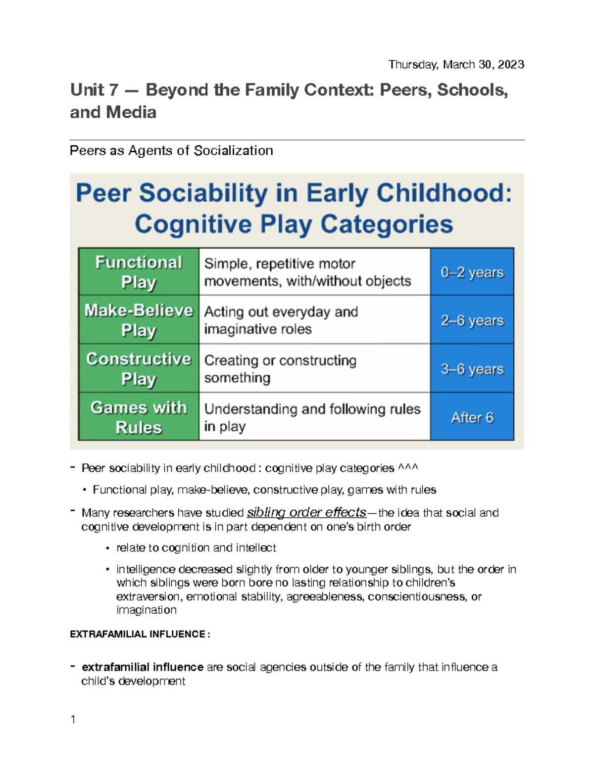 Unit 7 Peers, Schools, and Media Unit 7 — Beyond the Family Context