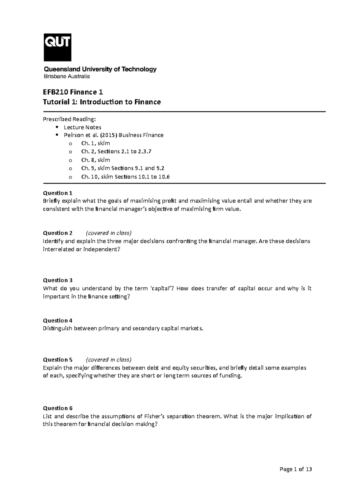 EFB210 Finance 1, Tutorial 01 - EFB210 Finance 1 Tutorial 1 ...