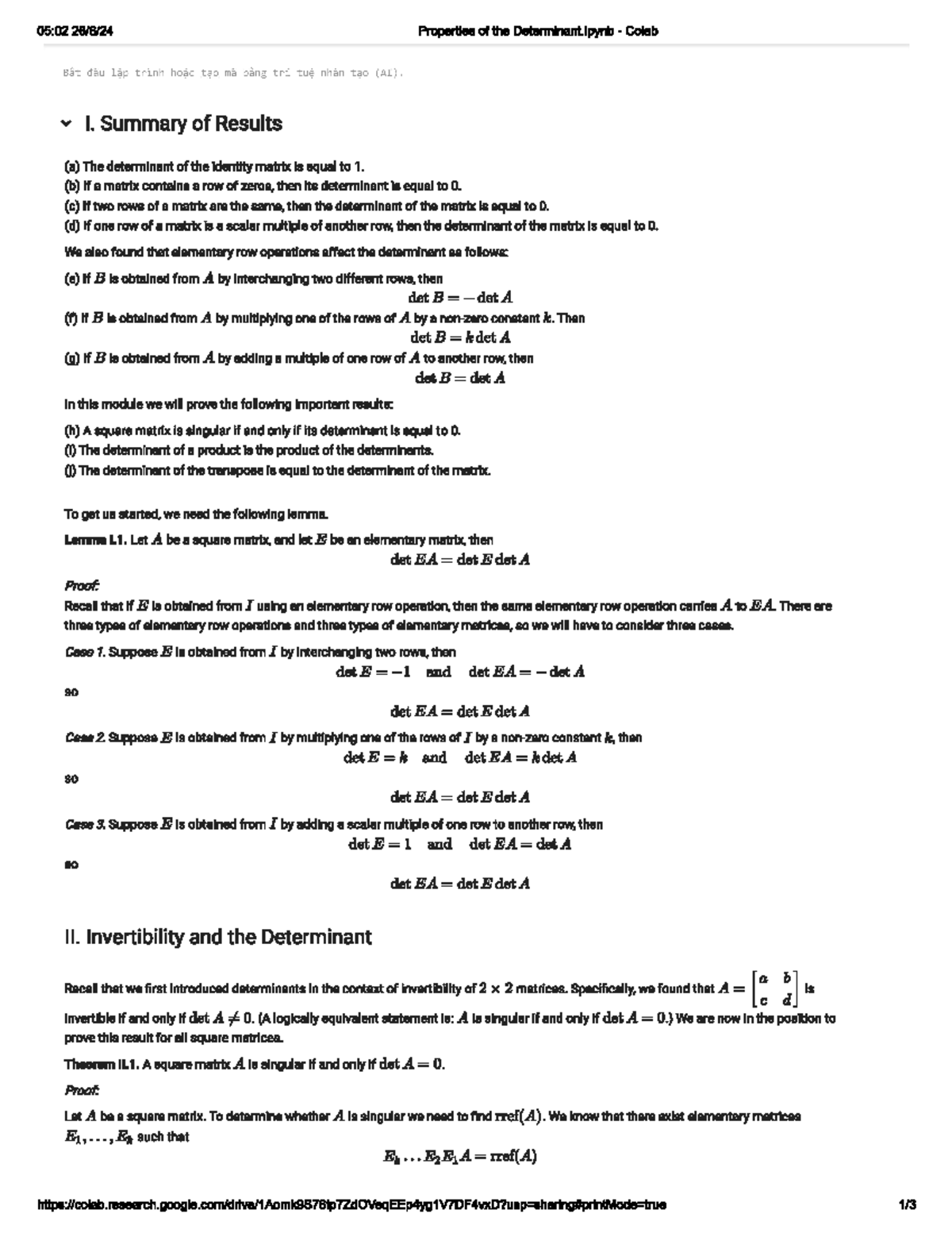 Properties of the Determinant - I. Summary of Results (a) The ...