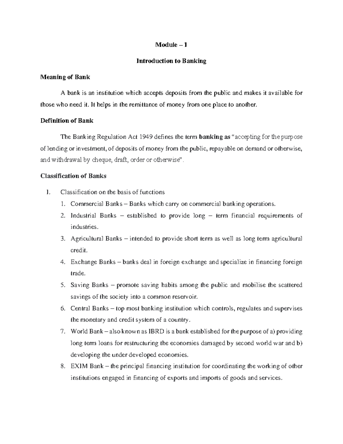 Banking Full Notes - Module – 1 Introduction to Banking Meaning of Bank ...