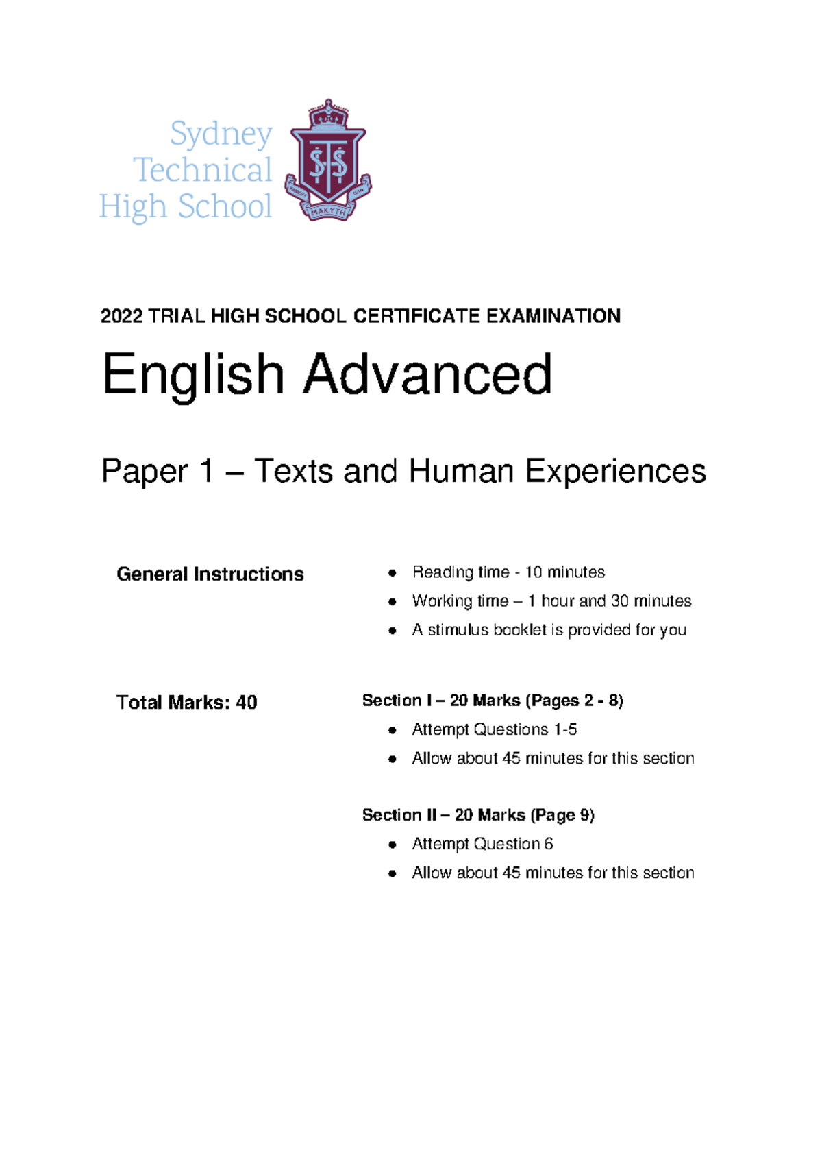 Sydney Tech 2022 Trial Paper 1 Question Booklet - 2022 TRIAL HIGH ...