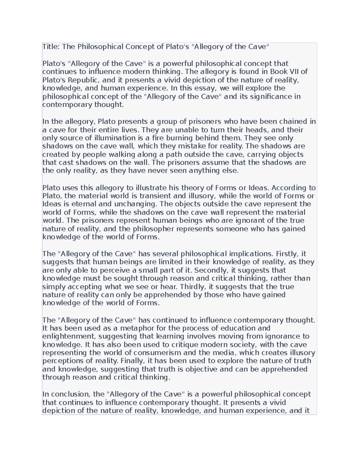 The Philosophical Concept of Plato's (Allegory of the Cave) - Title ...