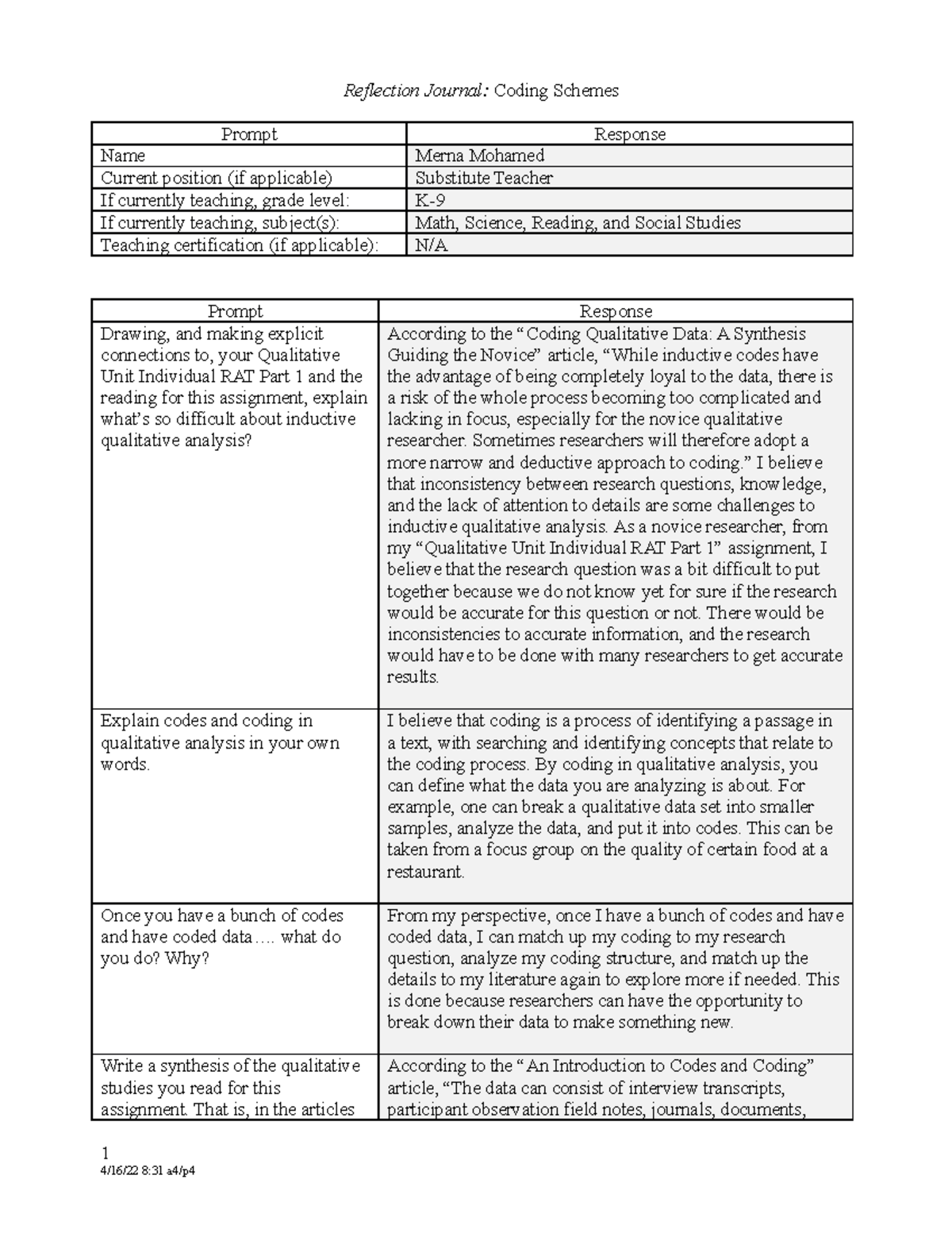 Reflection Journal Coding Schemes - EDUC 5397 - UT Arlington - Studocu