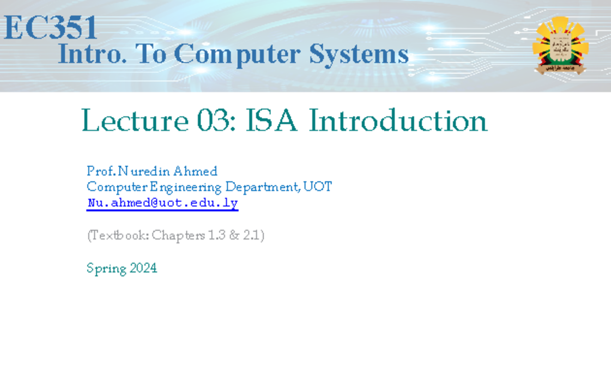EC351 Lec03 ISA intro - lecture notes - EC Intro. To Computer Systems ...