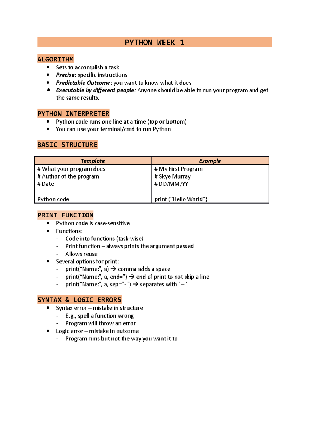 Python Week 1 Notes Python Week 1 Algorithm Sets To Accomplish A Python Week 1 Notes Python Week 1 Algorithm Sets To Accomplish A