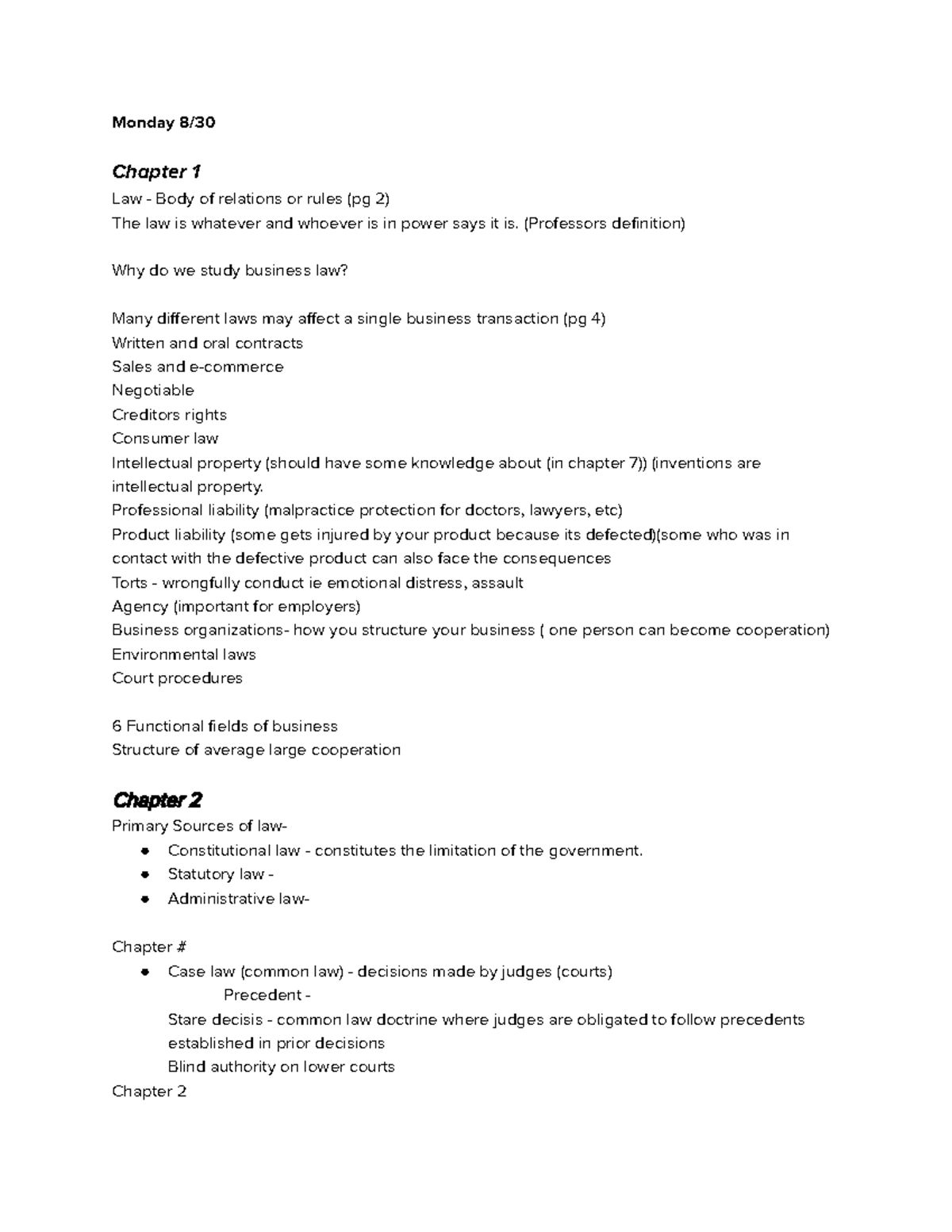 Bus LAW notes - Professor Juliet Folks - Monday 8/ Chapter 1 Law - Body ...