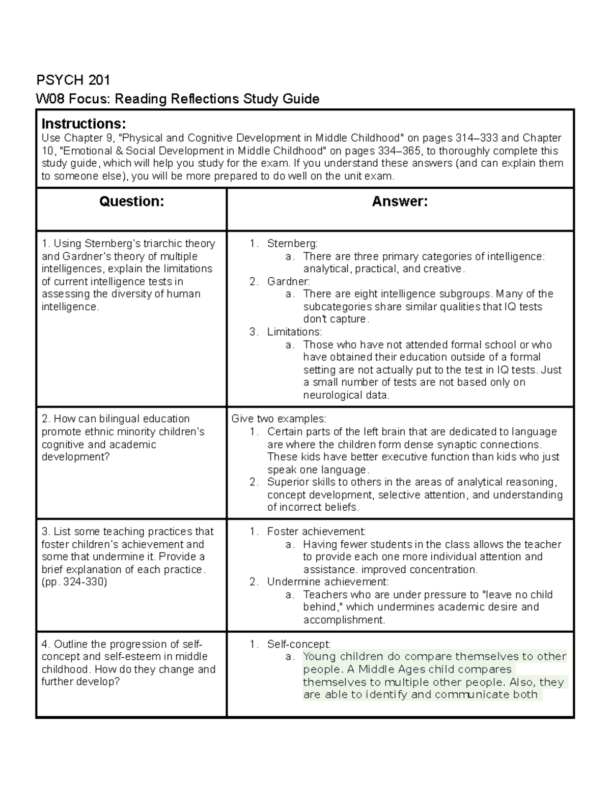 Psych - DOC - PSYCH 201 W08 Focus: Reading Reflections Study Guide ...