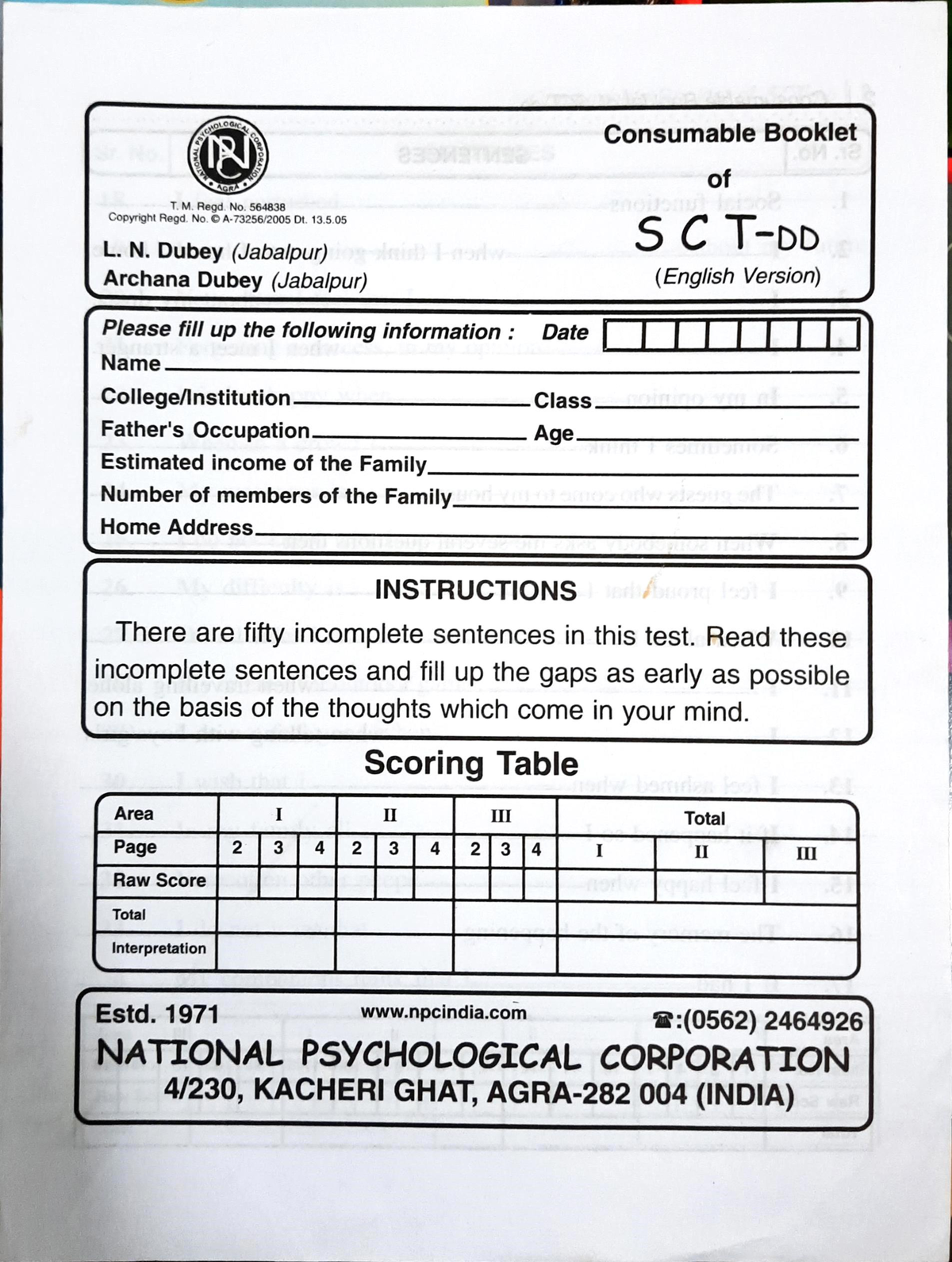 SCT-DD Sentence Completion Test Questionnaire - T. M. Regd No. 564838 ...