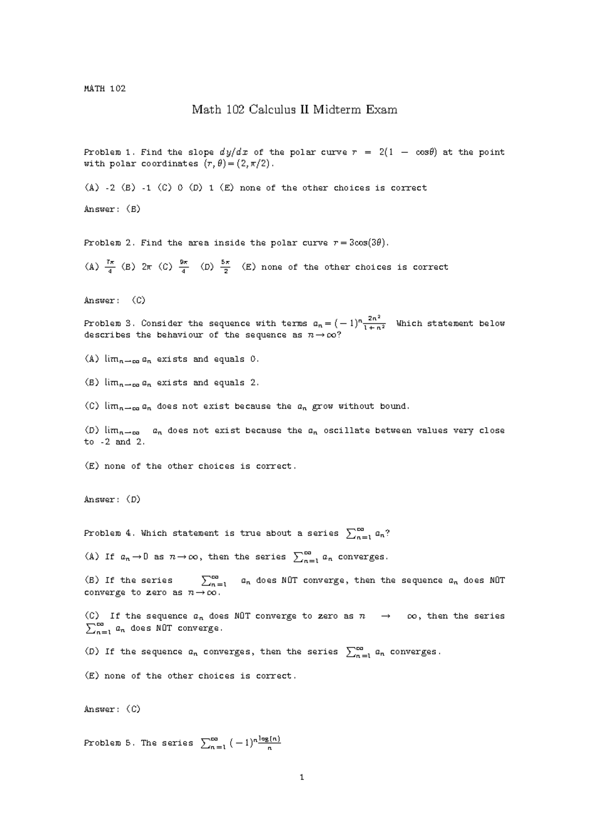 Mid2009 2010 - MATH 102 Math 102 Calculus II Midterm Exam Problem 1 ...