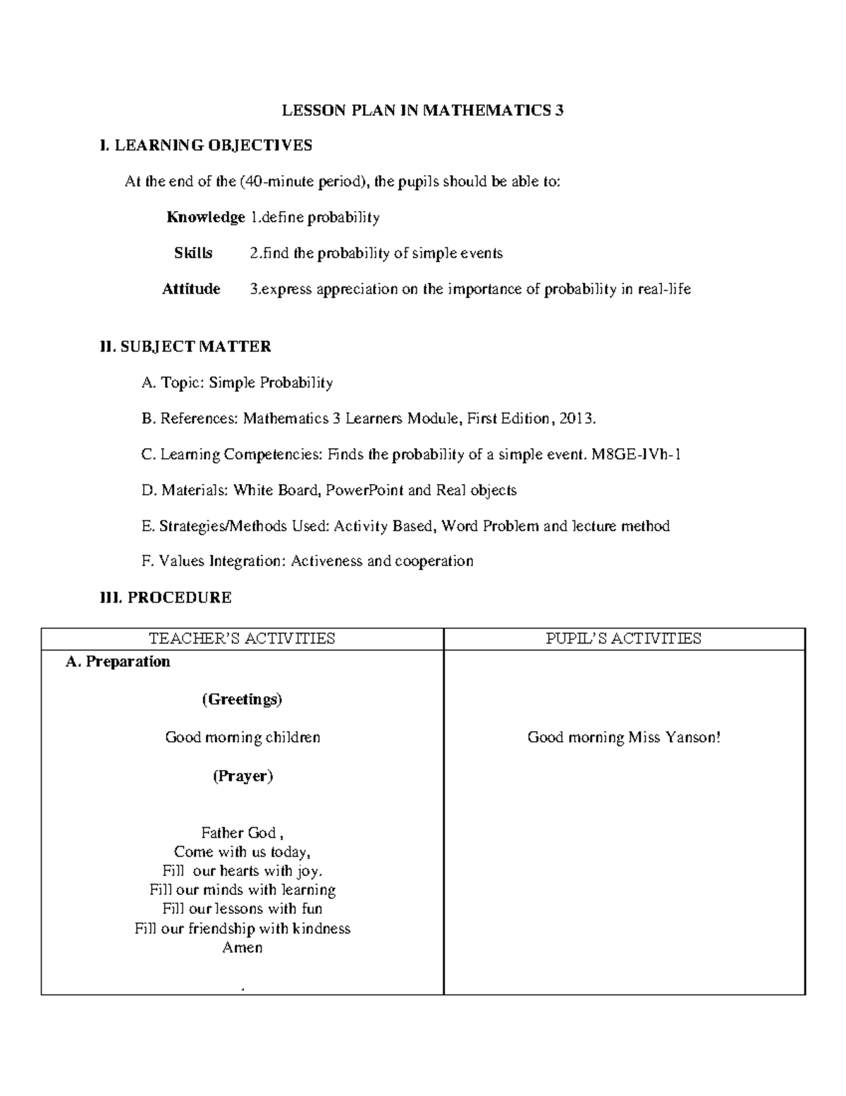Detailed Lesson Plan in Mathematics III Simple Probability - LESSON ...