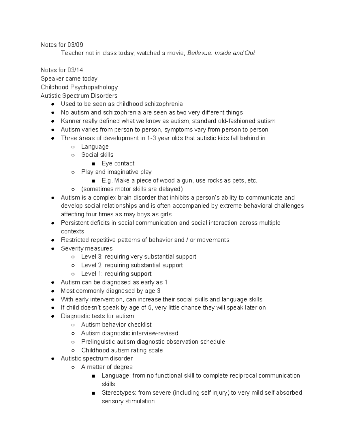 PSYC 2230 Spring 2017 - 3/14 Autistic Spectrum Disorders - Notes for 03 ...