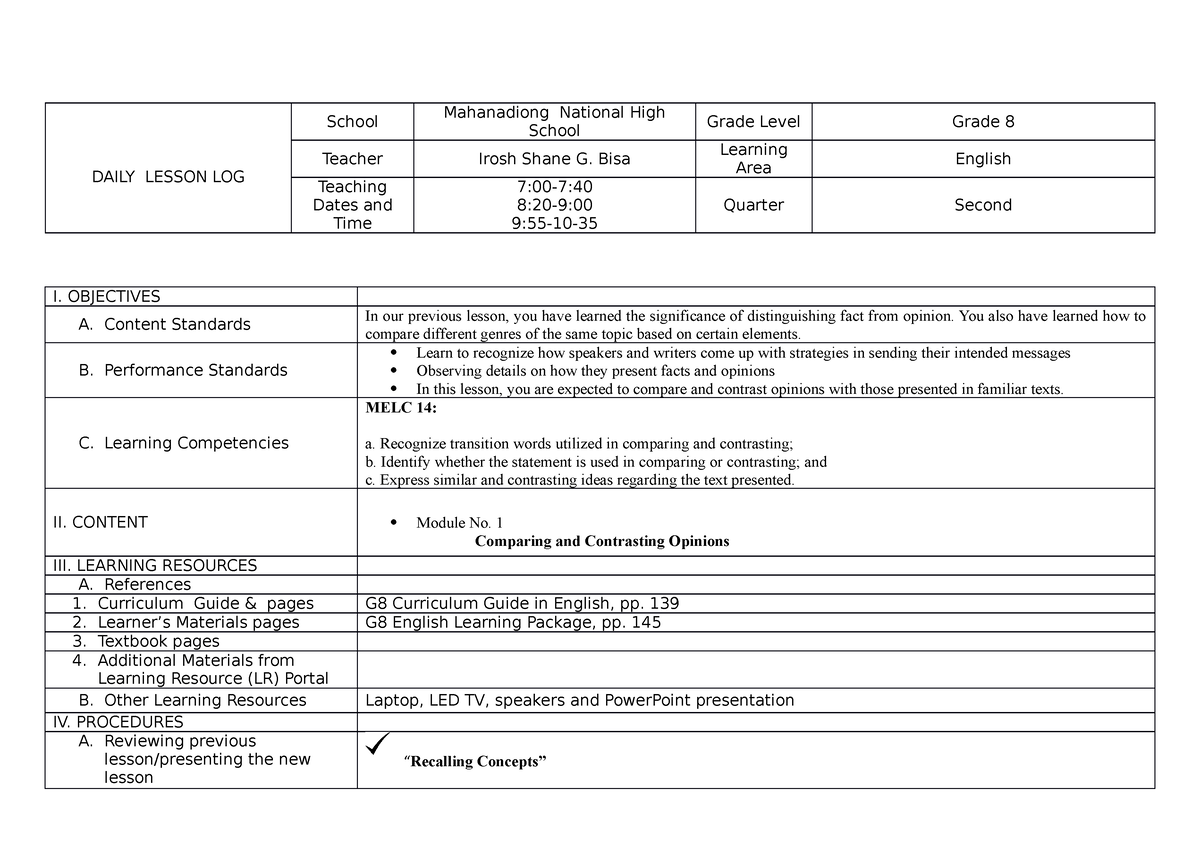 DLL in Comparing and Contrasting - DAILY LESSON LOG School Mahanadiong ...